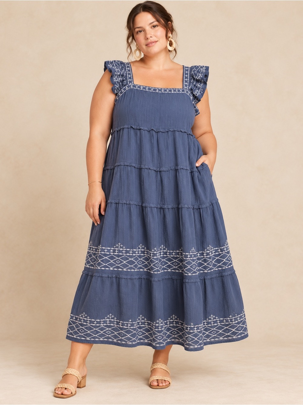 NWT | Knox Rose | Blue Embroidered Tiered Maxi Dress - Size XL